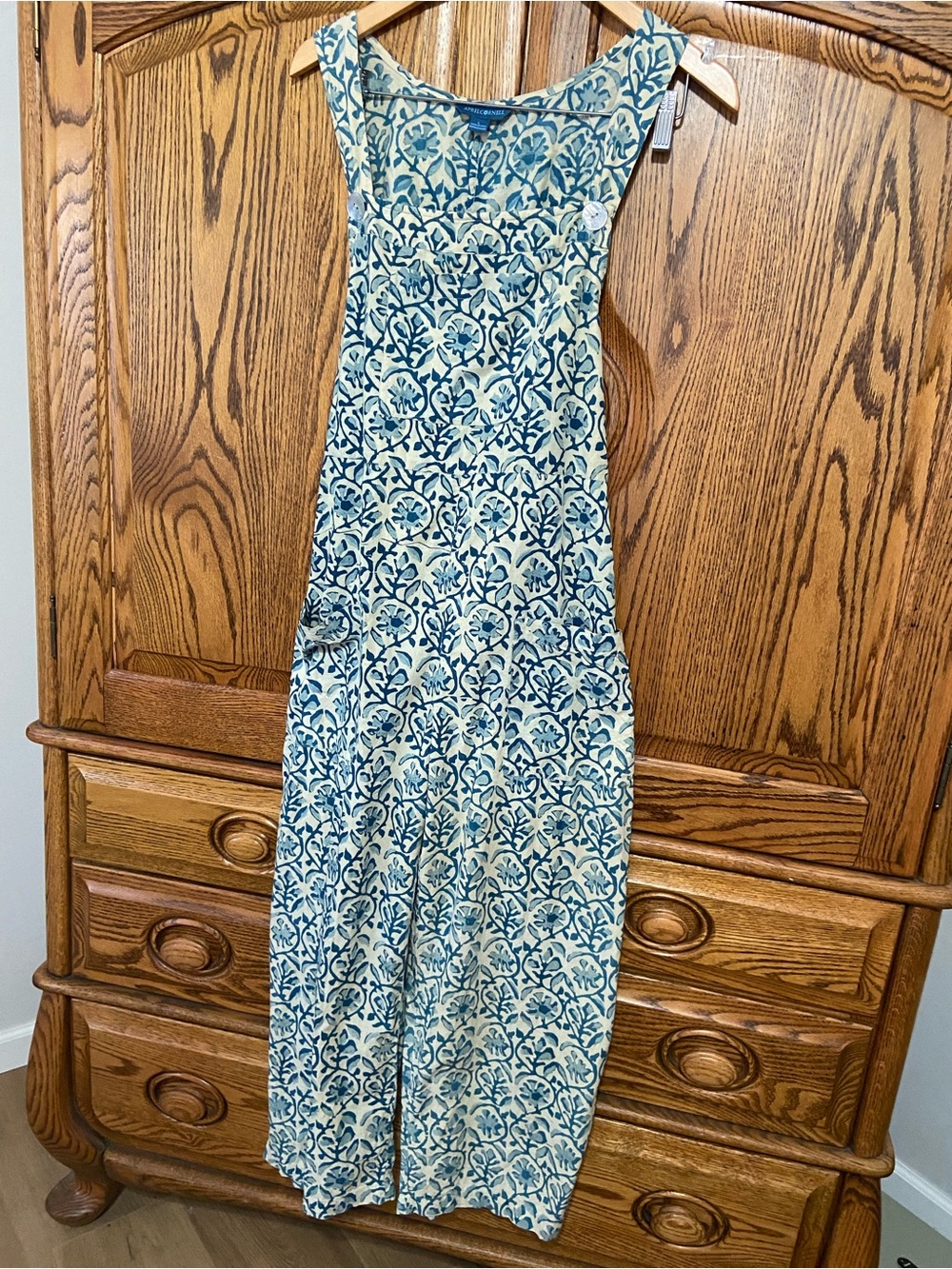 April Cornell Large Sleeveless Blue Floral Jumpsuit Wide Leg Tie Back